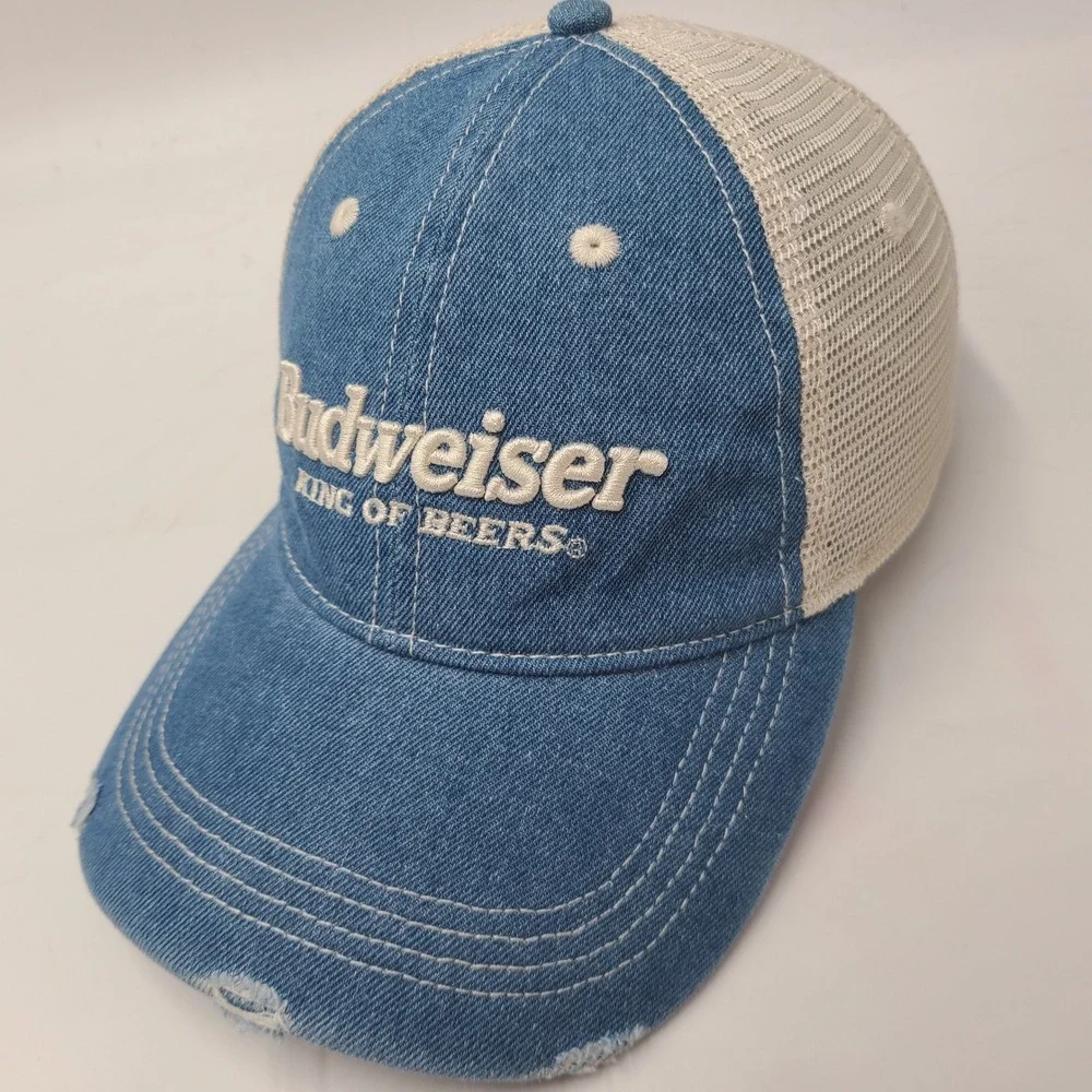 Budweiser Hat Strapback American Eagle Trucker Mesh Blue Beige Distressed Denim